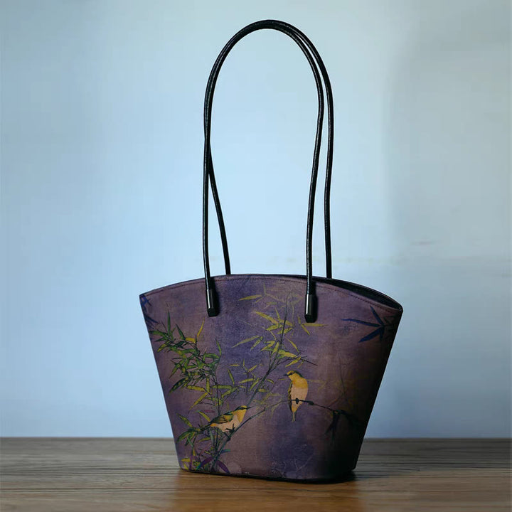 Buddha Stones Vintage Bamboo Magpie Peony Butterfly Large Capacity Shoulder Bag Handbag - Purple Bamboo Magpie 22-32*19.5*11.5cm - image 12