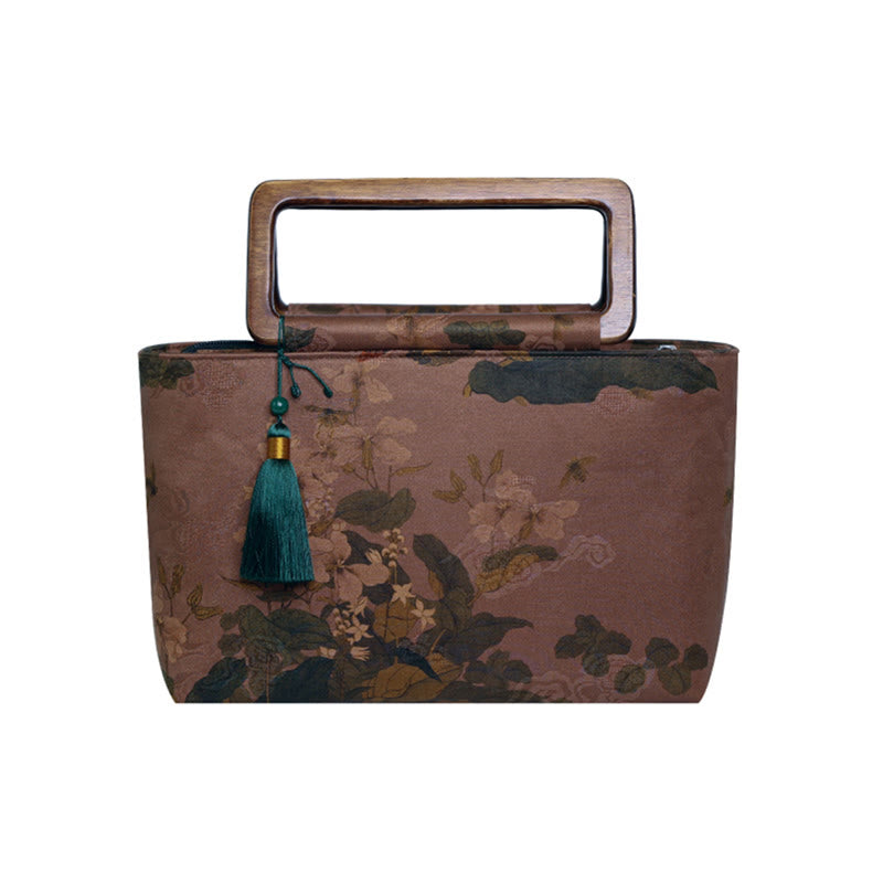 Buddha Stones Vintage Brown Flowers Green Bamboo Leaves Wood Handles Zipper Handbag - image 13