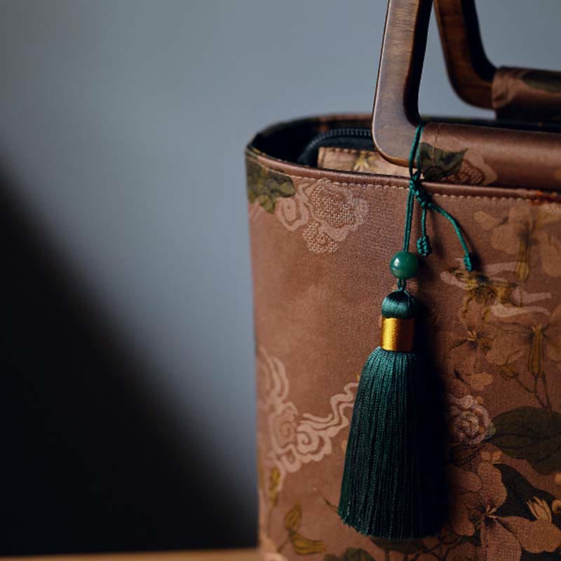 Buddha Stones Vintage Brown Flowers Green Bamboo Leaves Wood Handles Zipper Handbag - image 9