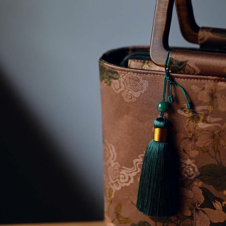 Buddha Stones Vintage Brown Flowers Green Bamboo Leaves Wood Handles Zipper Handbag - image 9