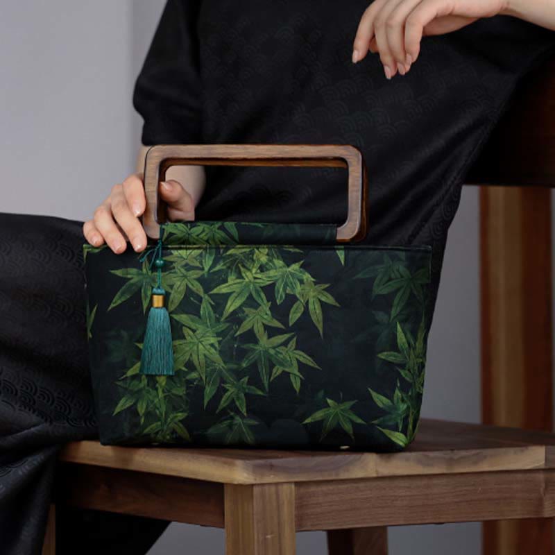 Buddha Stones Vintage Brown Flowers Green Bamboo Leaves Wood Handles Zipper Handbag - image 15