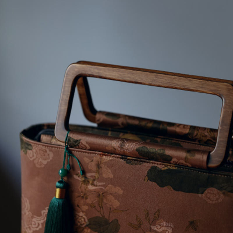 Buddha Stones Vintage Brown Flowers Green Bamboo Leaves Wood Handles Zipper Handbag - image 5