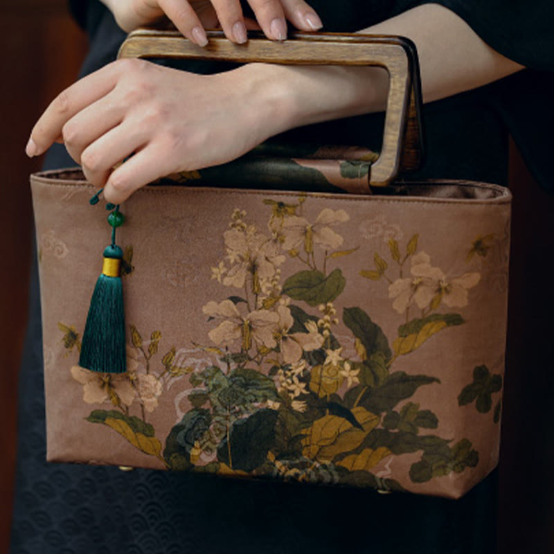 Buddha Stones Vintage Brown Flowers Green Bamboo Leaves Wood Handles Zipper Handbag - image 12