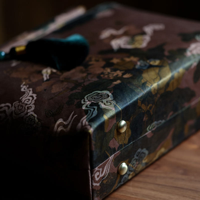 Buddha Stones Vintage Brown Flowers Green Bamboo Leaves Wood Handles Zipper Handbag - image 10