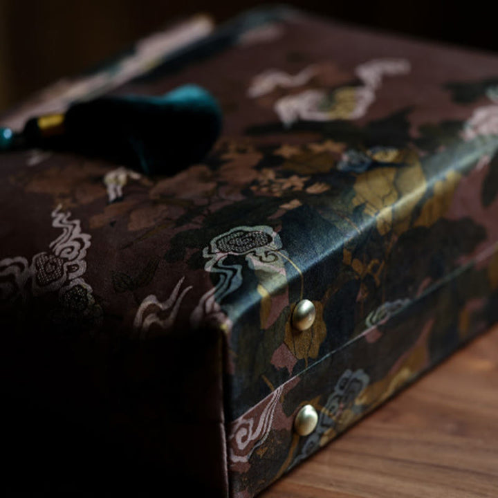 Buddha Stones Vintage Brown Flowers Green Bamboo Leaves Wood Handles Zipper Handbag - image 10