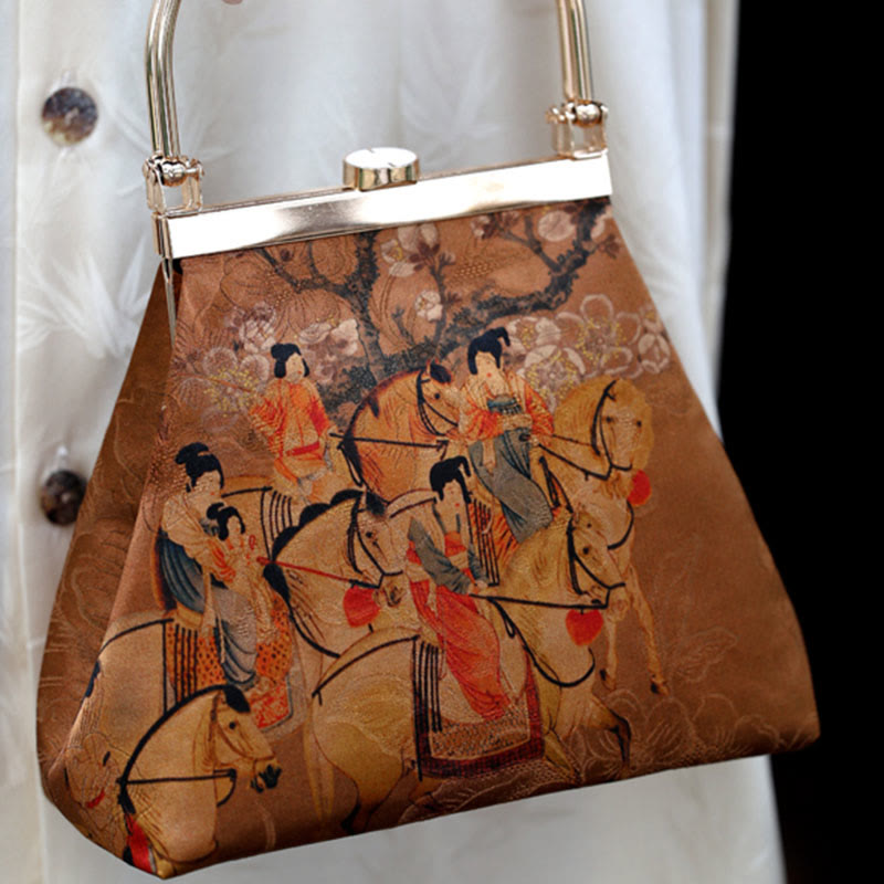 Buddha Stones Painting of Lady of Guoguo on a Spring Outing Metal Handle Handbag - image 12
