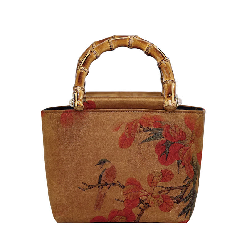 Buddha Stones Yellow Bird Branches Green Peony Flower Bamboo Handles Handbag - image 14