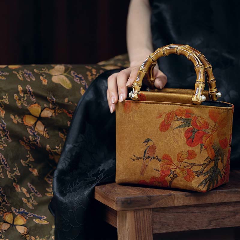 Buddha Stones Yellow Bird Branches Green Peony Flower Bamboo Handles Handbag - image 8