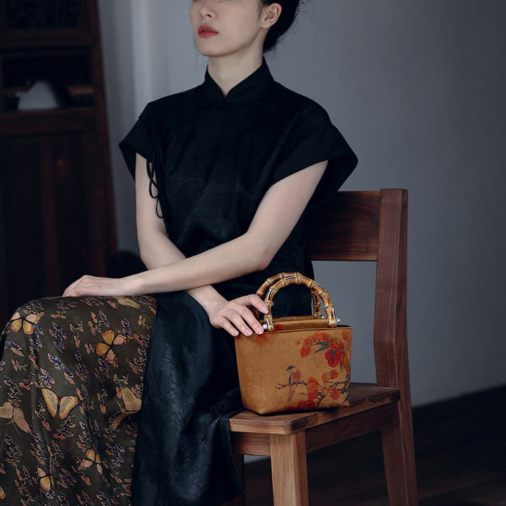 Buddha Stones Yellow Bird Branches Green Peony Flower Bamboo Handles Handbag - image 13