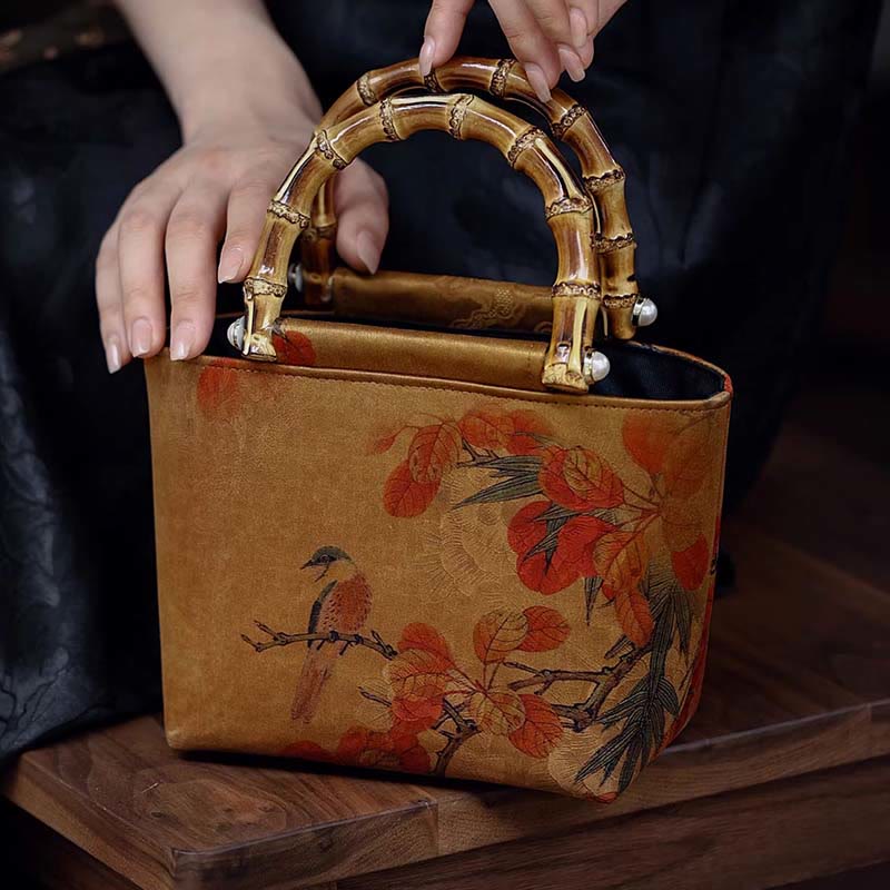 Buddha Stones Yellow Bird Branches Green Peony Flower Bamboo Handles Handbag - image 9