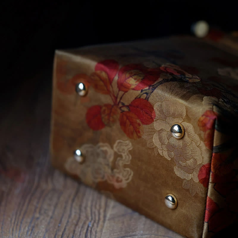 Buddha Stones Yellow Bird Branches Green Peony Flower Bamboo Handles Handbag - image 5