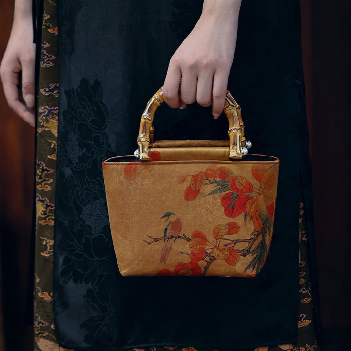 Buddha Stones Yellow Bird Branches Green Peony Flower Bamboo Handles Handbag - image 7