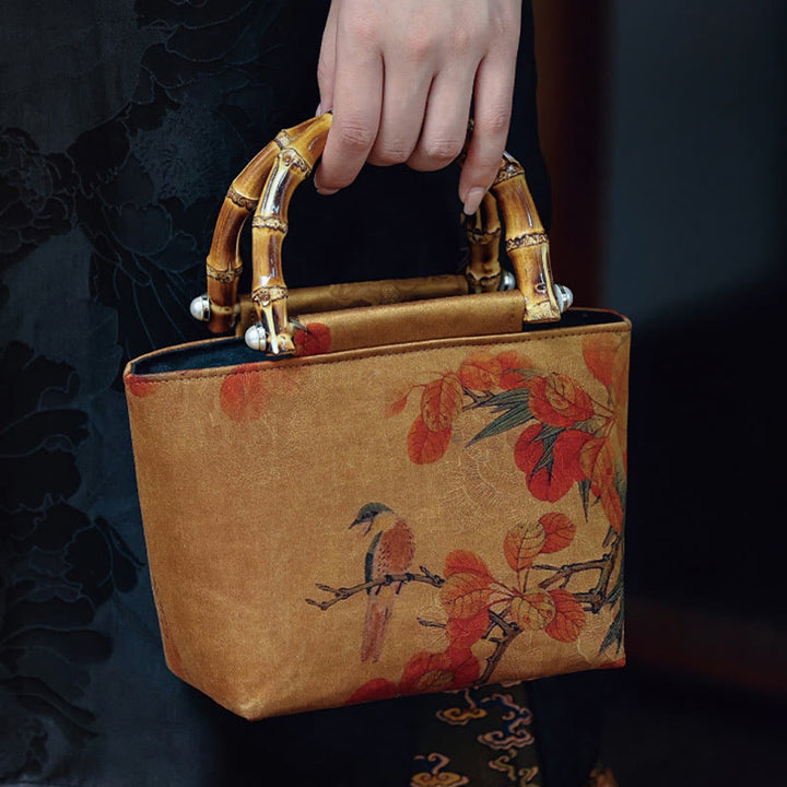 Buddha Stones Yellow Bird Branches Green Peony Flower Bamboo Handles Handbag - image 11