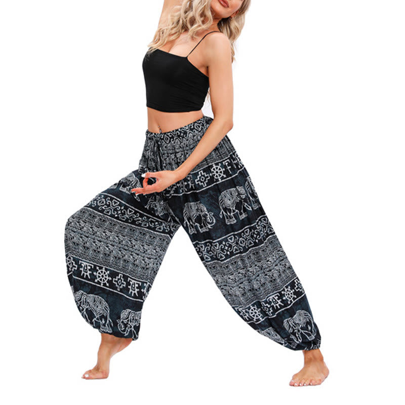 Buddha Stones Elephant Geometry Pattern Casual Loose Harem Trousers Women's Yoga Pants - Black-US4-8/10,UK/AU8-12/14,EU36-40/42 (F) - image 8