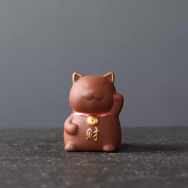 Buddha Stones Mini Lucky Cat Wealth Tea Pet Purple Clay Figurine Decoration - Red 4*3.8*5.5cm - image 0