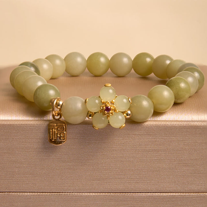 Buddha Stones Green Jade Flower Fu Character Charm Luck Bracelet - image 5