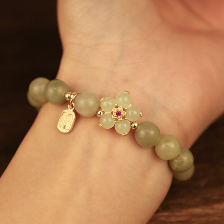 Buddha Stones Green Jade Flower Fu Character Charm Luck Bracelet - image 6