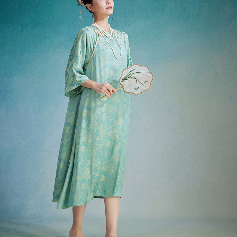 Buddha Stones Small Flower Leaf Jacquard Chinese Cheongsam Qipao Midi Dress With Pockets - image 5