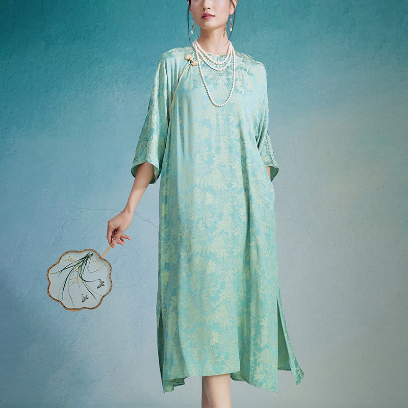 Buddha Stones Small Flower Leaf Jacquard Chinese Cheongsam Qipao Midi Dress With Pockets - Green - US12,UK/AU16,EU44 (XL) - image 0