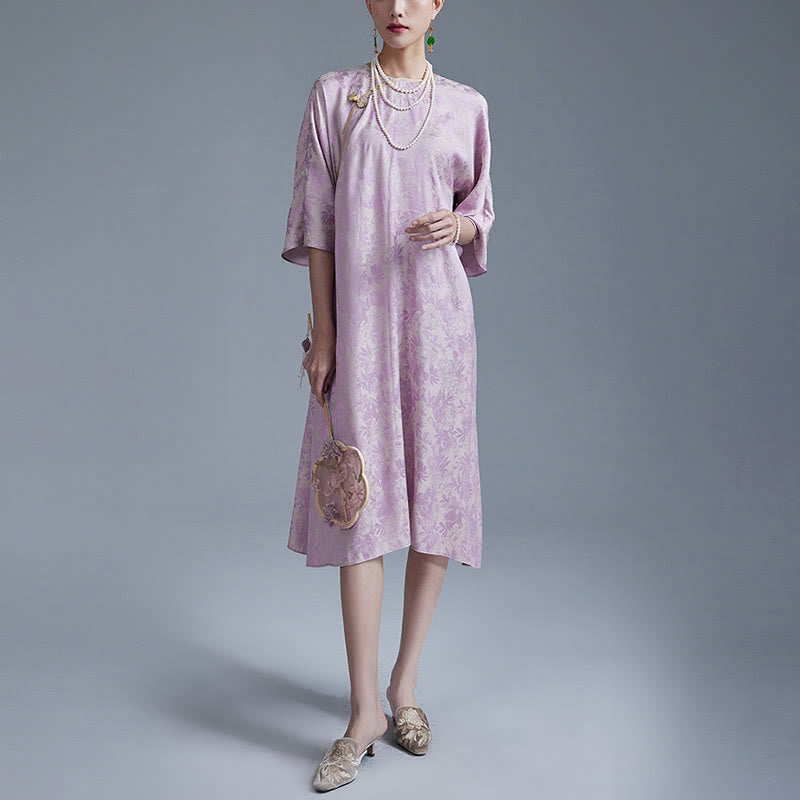 Buddha Stones Small Flower Leaf Jacquard Chinese Cheongsam Qipao Midi Dress With Pockets - image 9