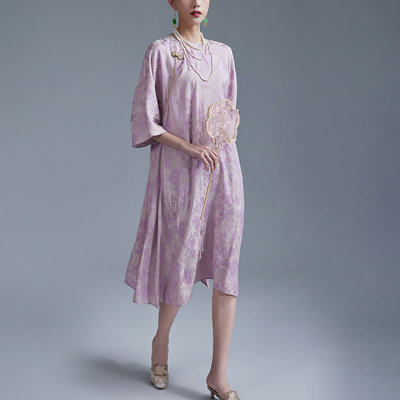 Buddha Stones Small Flower Leaf Jacquard Chinese Cheongsam Qipao Midi Dress With Pockets - image 7