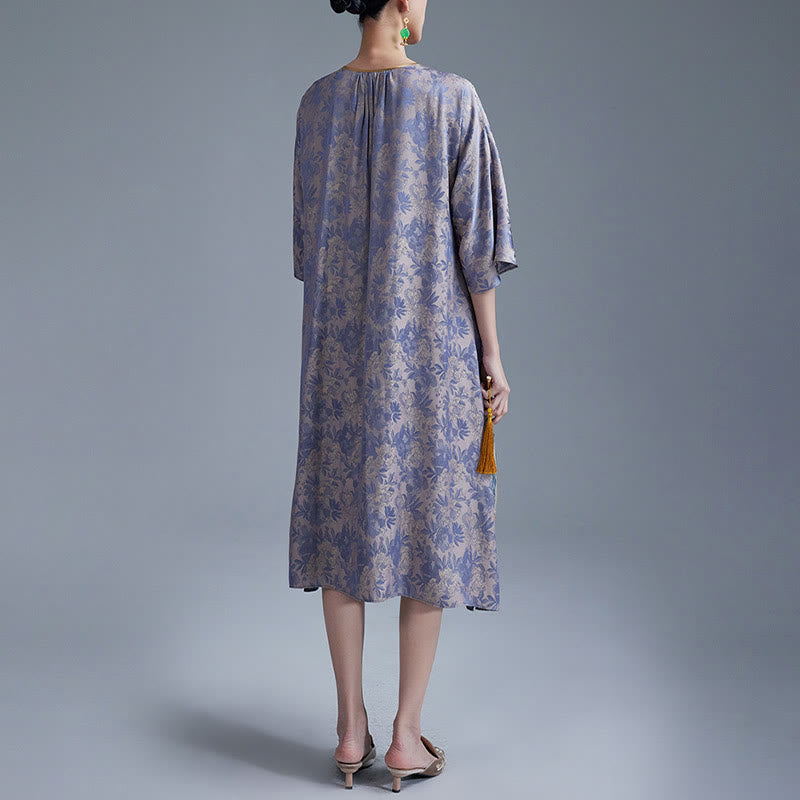 Buddha Stones Small Flower Leaf Jacquard Chinese Cheongsam Qipao Midi Dress With Pockets - image 12