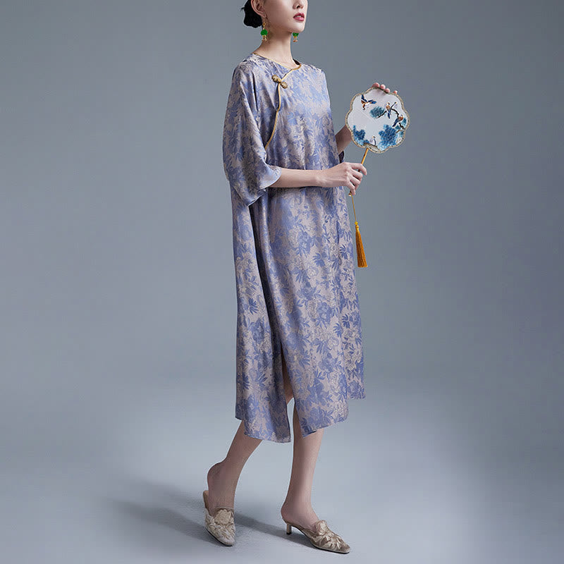 Buddha Stones Small Flower Leaf Jacquard Chinese Cheongsam Qipao Midi Dress With Pockets - image 11