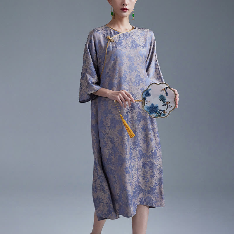 Buddha Stones Small Flower Leaf Jacquard Chinese Cheongsam Qipao Midi Dress With Pockets - Dark Purple - US12,UK/AU16,EU44 (XL) - image 10