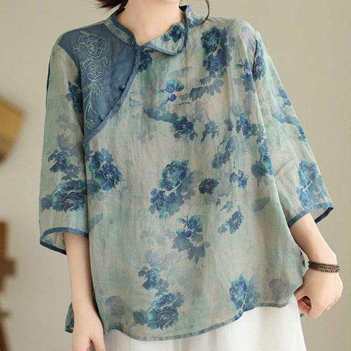 Buddha Stones PLUS SIZE Blue Jacaranda Flower Design Three Quarter Sleeve Ramie Linen Shirt - US16,UK/AU20,EU48 (3XL) - image 0