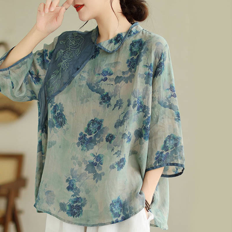 Buddha Stones PLUS SIZE Blue Jacaranda Flower Design Three Quarter Sleeve Ramie Linen Shirt - image 2