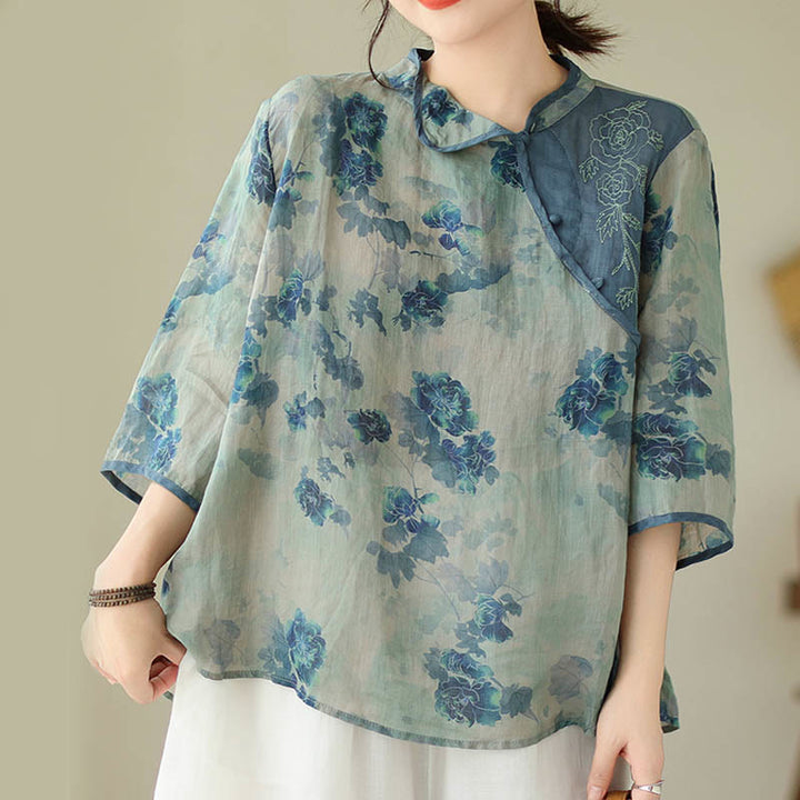 Buddha Stones PLUS SIZE Blue Jacaranda Flower Design Three Quarter Sleeve Ramie Linen Shirt - image 7