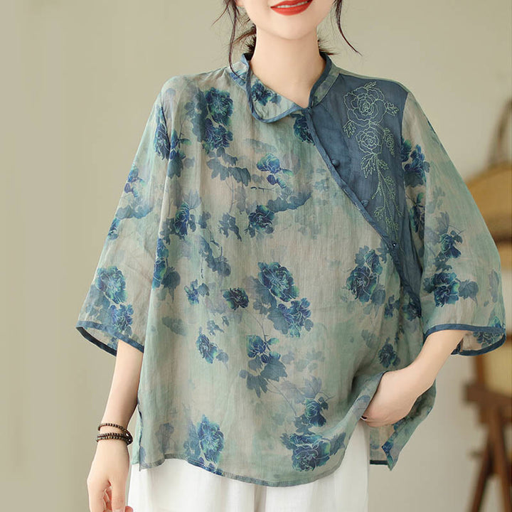 Buddha Stones PLUS SIZE Blue Jacaranda Flower Design Three Quarter Sleeve Ramie Linen Shirt - image 1