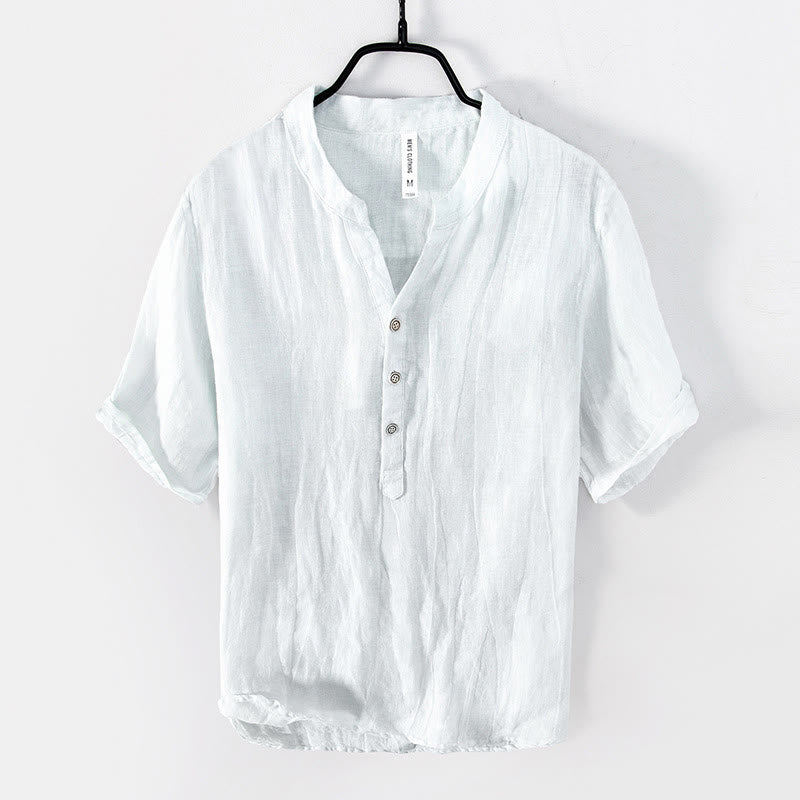Buddha Stones Solid Color Short Sleeve Half Button Shirt Cotton Linen Men Clothing - Short Sleeve - White - US/UK/AU50,EU60 (5XL) - image 12