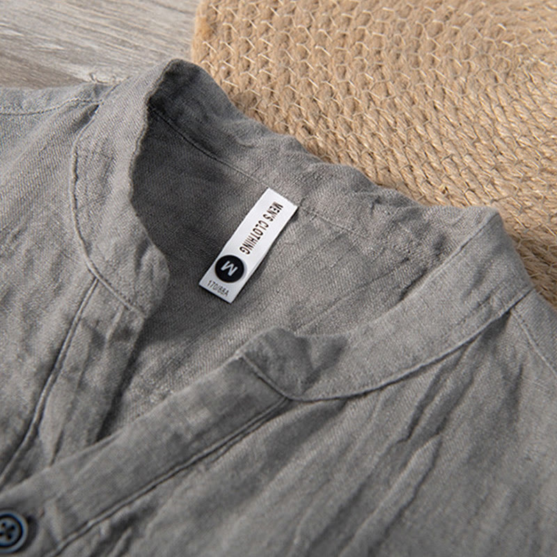 Buddha Stones Solid Color Long Sleeve Half Button Shirt Cotton Linen Men Clothing - image 3