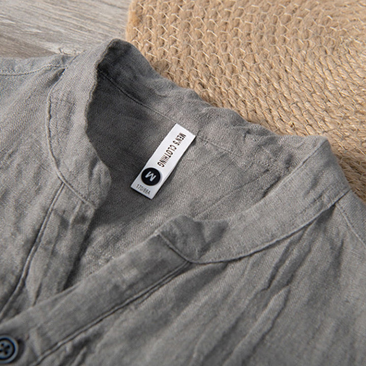 Buddha Stones Solid Color Long Sleeve Half Button Shirt Cotton Linen Men Clothing - image 3