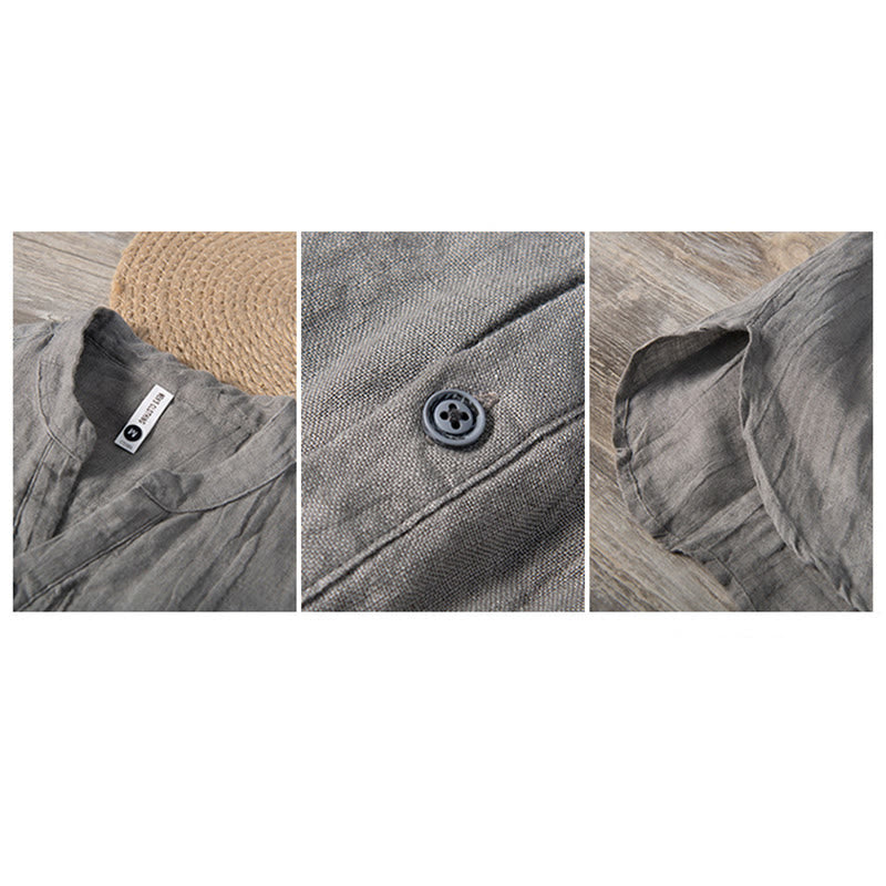 Buddha Stones Solid Color Long Sleeve Half Button Shirt Cotton Linen Men Clothing - image 9