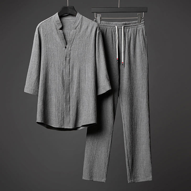 Buddha Stones 2Pcs Solid Color Texture Button Half Sleeve Shirt Pants Men's Set - Gray - US/UK/AU44,EU54 (5XL) - image 0
