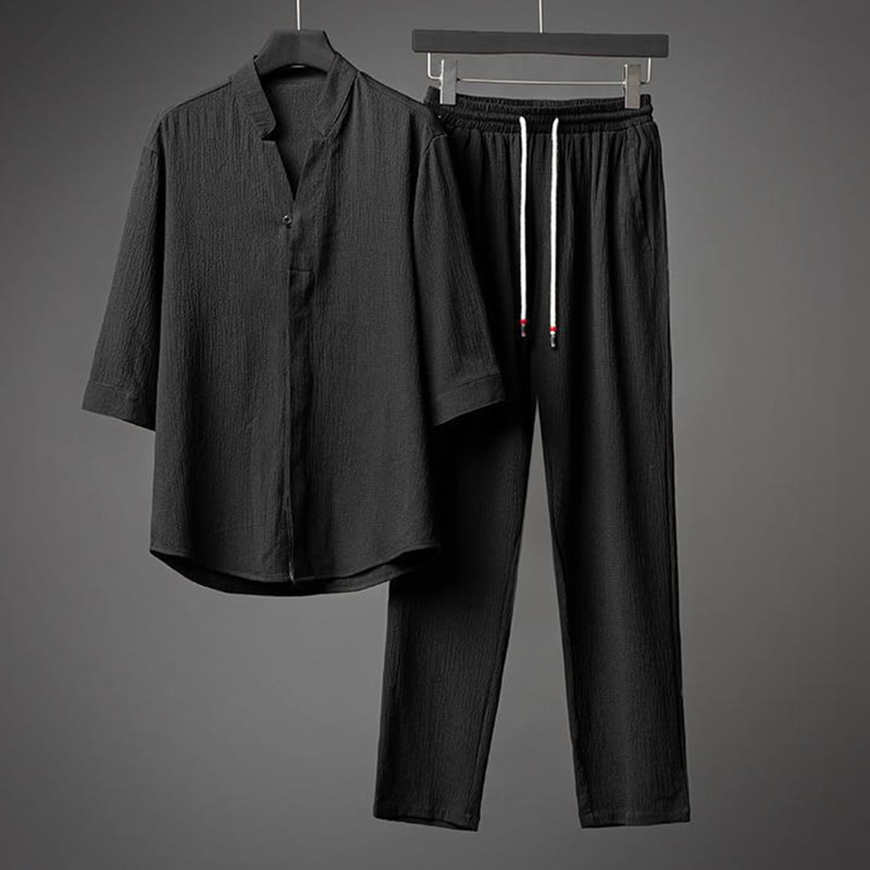 Buddha Stones 2Pcs Solid Color Texture Button Half Sleeve Shirt Pants Men's Set - Black - US/UK/AU44,EU54 (5XL) - image 12