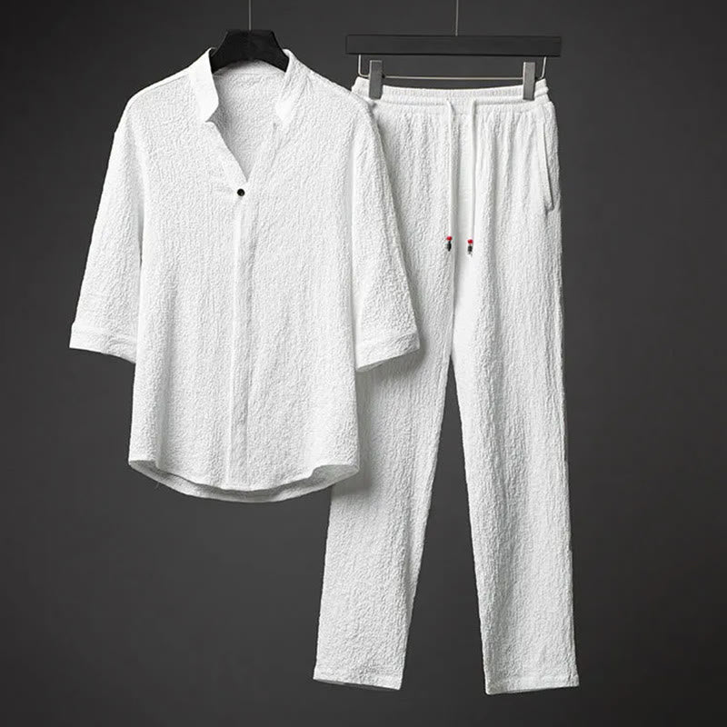 Buddha Stones 2Pcs Solid Color Texture Button Half Sleeve Shirt Pants Men's Set - White - US/UK/AU44,EU54 (5XL) - image 2