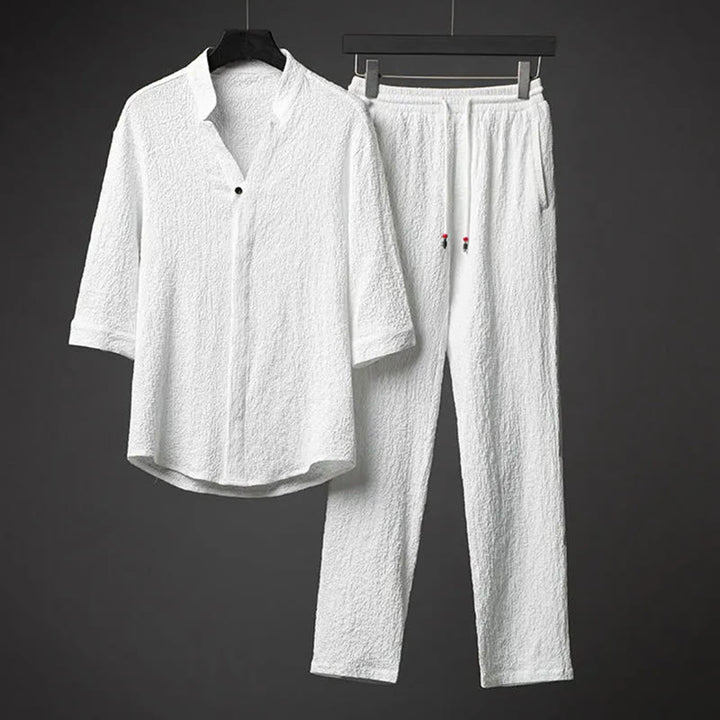 Buddha Stones 2Pcs Solid Color Texture Button Half Sleeve Shirt Pants Men's Set - White - US/UK/AU44,EU54 (5XL) - image 2