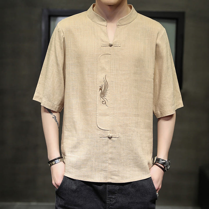 Buddha Stones Frog-Button Phoenix Embroidery Chinese Tang Suit Short Sleeve Shirt Cotton Linen Men Clothing - Bisque - US/UK/AU46,EU56 (5XL) - image 10