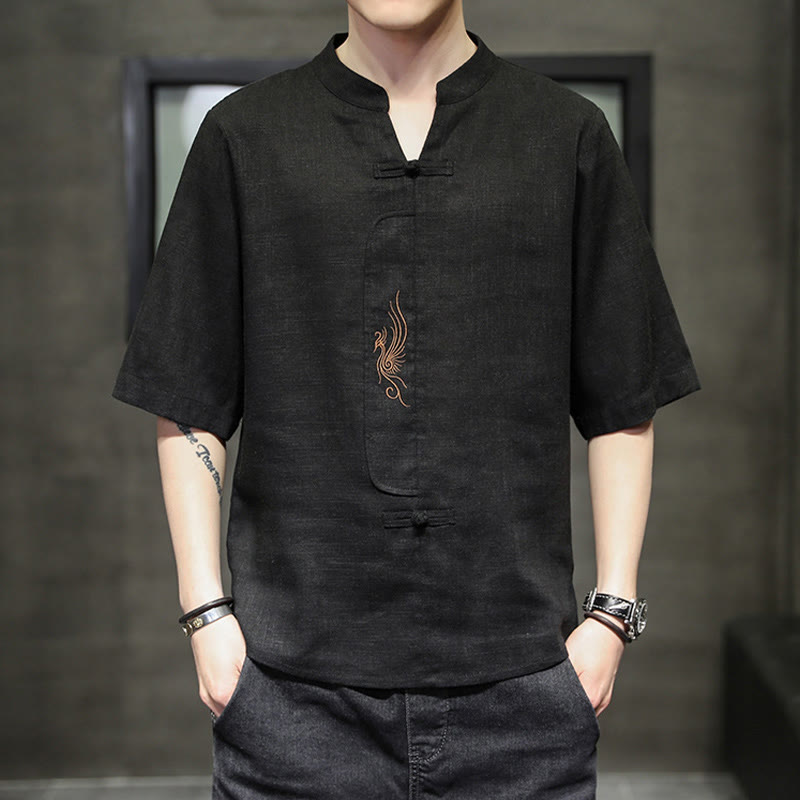 Buddha Stones Frog-Button Phoenix Embroidery Chinese Tang Suit Short Sleeve Shirt Cotton Linen Men Clothing - Black - US/UK/AU46,EU56 (5XL) - image 16