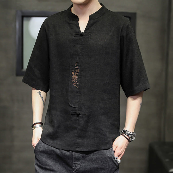 Buddha Stones Frog-Button Phoenix Embroidery Chinese Tang Suit Short Sleeve Shirt Cotton Linen Men Clothing - image 20