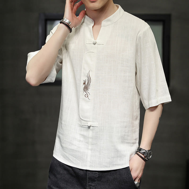 Buddha Stones Frog-Button Phoenix Embroidery Chinese Tang Suit Short Sleeve Shirt Cotton Linen Men Clothing - image 5