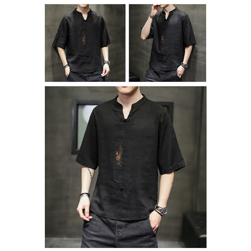 Buddha Stones Frog-Button Phoenix Embroidery Chinese Tang Suit Short Sleeve Shirt Cotton Linen Men Clothing - image 23