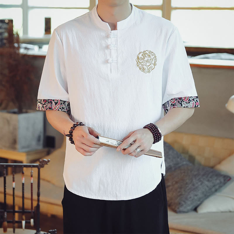Buddha Stones Frog-Button Dragon Embroidery Chinese Tang Suit Short Sleeve Shirt Linen Men Clothing - White - US/UK/AU46,EU56 (5XL)  - image 18