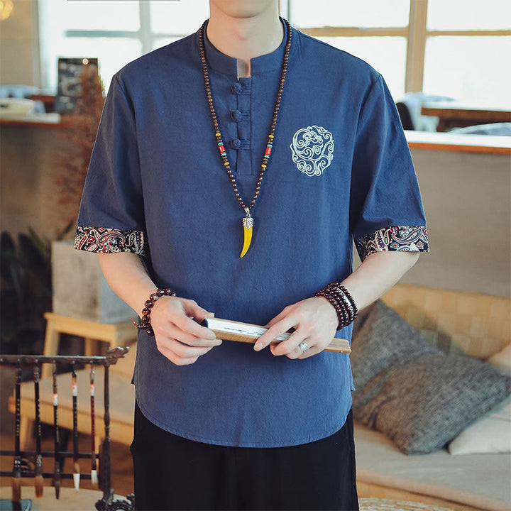 Buddha Stones Frog-Button Dragon Embroidery Chinese Tang Suit Short Sleeve Shirt Linen Men Clothing - SteelBlue - US/UK/AU46,EU56 (5XL)  - image 33
