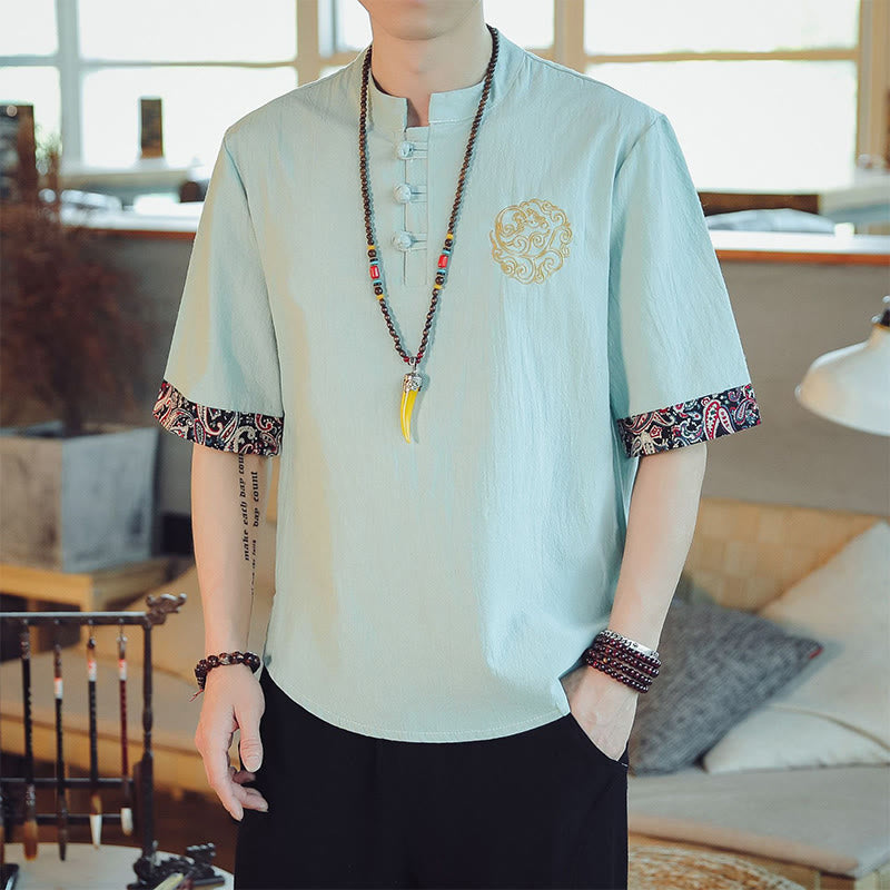 Buddha Stones Frog-Button Dragon Embroidery Chinese Tang Suit Short Sleeve Shirt Linen Men Clothing - MintCream - US/UK/AU46,EU56 (5XL)  - image 11