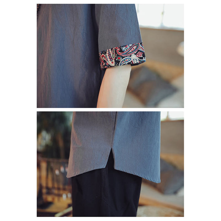 Buddha Stones Frog-Button Dragon Embroidery Chinese Tang Suit Short Sleeve Shirt Linen Men Clothing - image 10