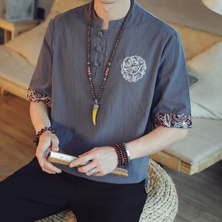 Buddha Stones Frog-Button Dragon Embroidery Chinese Tang Suit Short Sleeve Shirt Linen Men Clothing - image 8